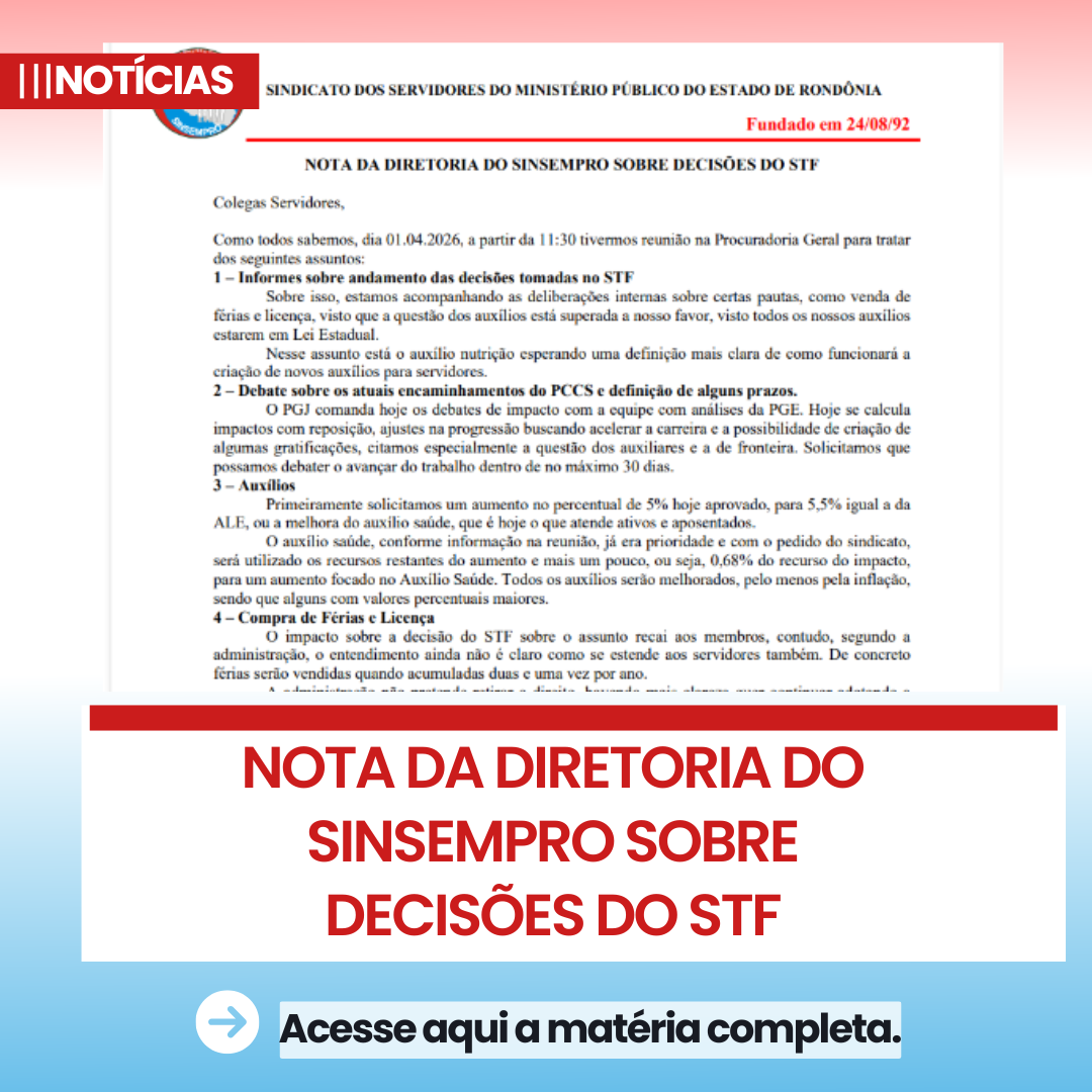 Nota da Diretoria do Sinsempro Sobre Decisões do STF